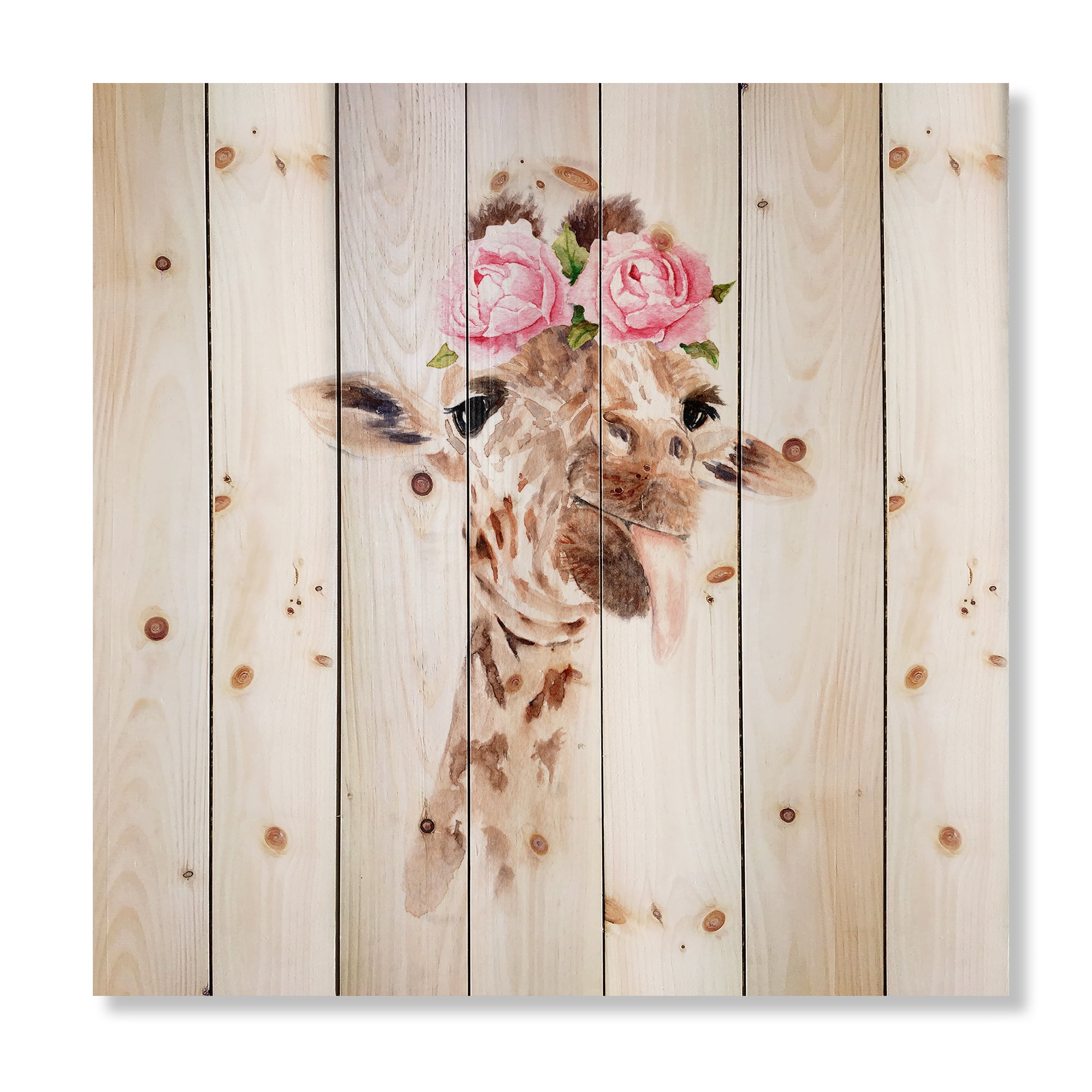 Designart 'Portrait of A Giraffe With Pink Flowers' Farmhouse Print on Natural Pine Wood