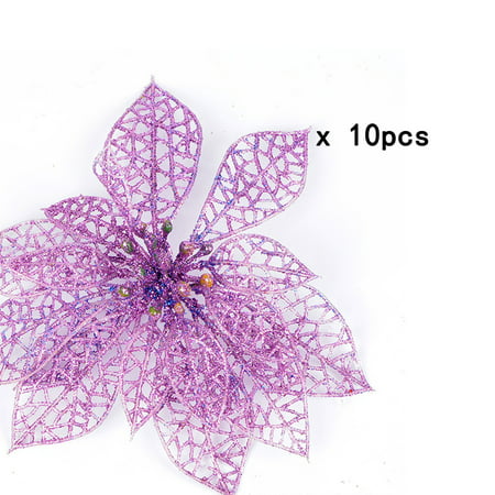 10cm Glitter Hollow Artificial Christmas Flowers Wedding Party Xmas Tree Decorations, Purple, Set of