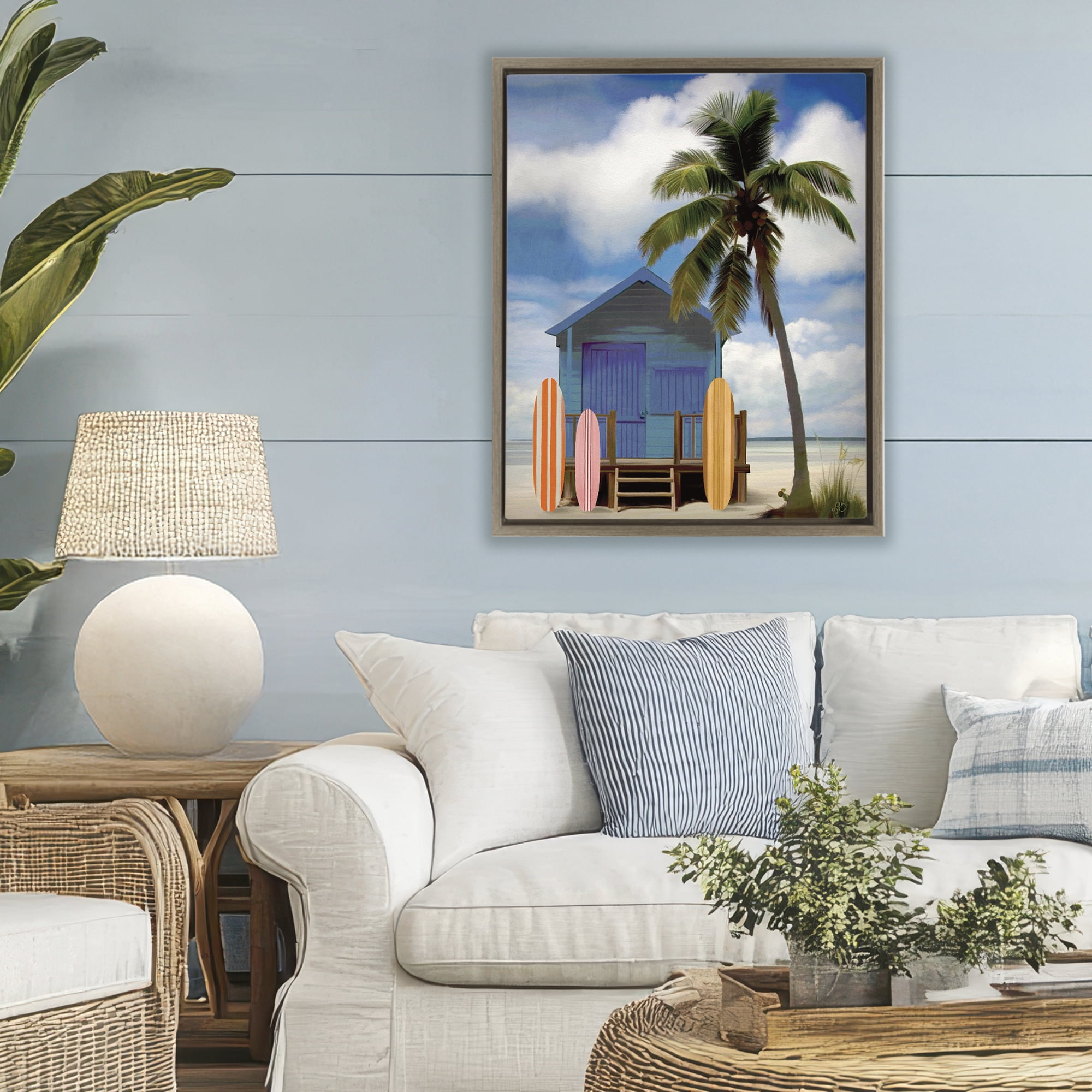 Stupell Industries Palm Overhanging Surf Shop Brown Framed Floater Canvas Wall Art, design by Lisa R Dumm