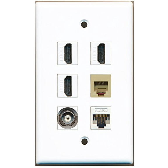 RiteAV - 3 HDMI 1 Port Phone RJ11 RJ12 Beige 1 Port BNC 1 Port Cat5e Ethernet White Wall Plate