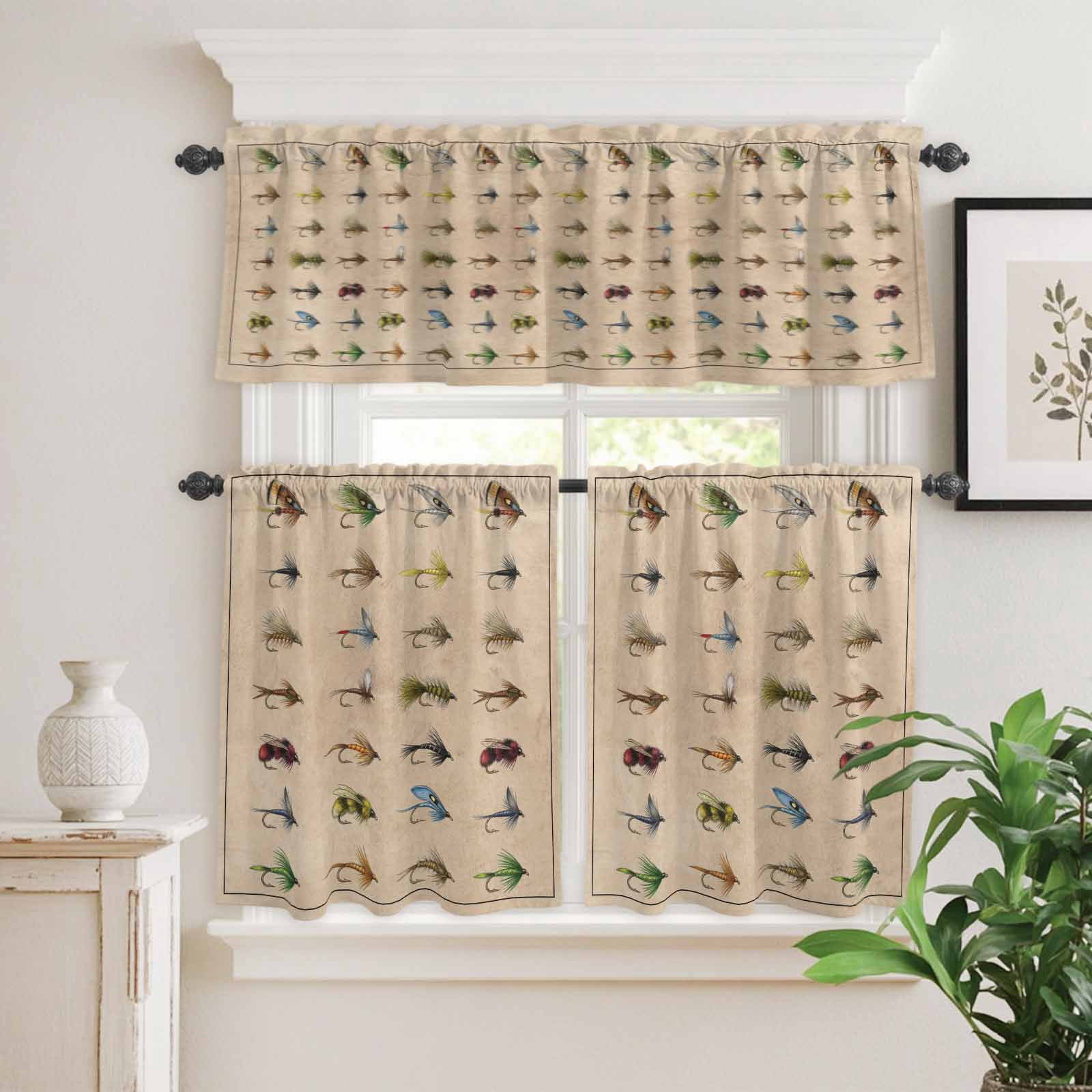 Fish Hook Curtain Valances Set Retro Colorful Fish Hook Biographies Linen Texture Kitchen Curtains 36&nbsp;inch Length Rod Pocket Valance and Tiers 3 Piece Set Small Bedroom Bathroom Laundry Decor