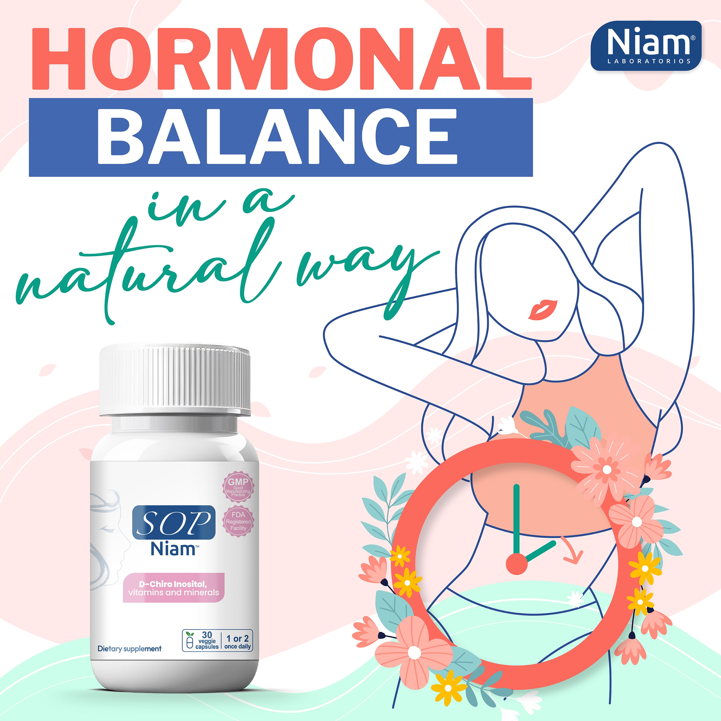 SOP NIAM D-Chiro Inositol Supplement for PCOS with Folic Acid, Vitamin B6, B12, D3, Biotin, Gluten-Free, 30 Capsules, 30 Day Supply