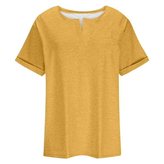 OJSFQUFP Ladies Summer Blouses Yellow Women Solid Color Large Size Loose V Neck Pocket Short Sleeved Casual T Shirt Top Soft Loose Tees XL