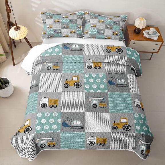 Erosebridal Patchwork Construction Twin Quilt Set,Geometric Grid Twin Coverlet Set For Boys,2-Piece