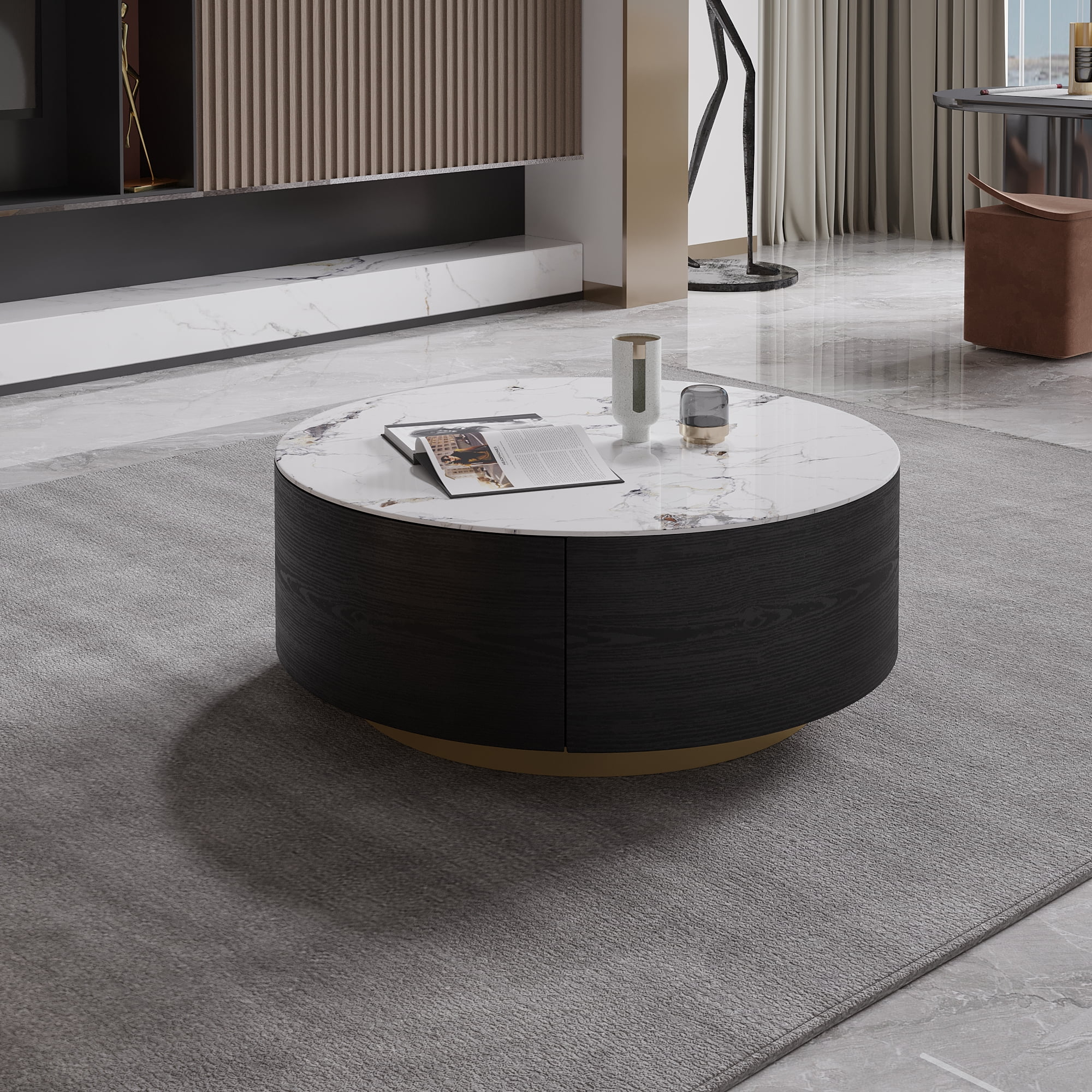 Magic Home Modern Round Coffee Table with Two Drawers,Circle Coffee Table Space-Saving Multiple Purpose for Living Room,dining room and home office,Black White 2 Colors