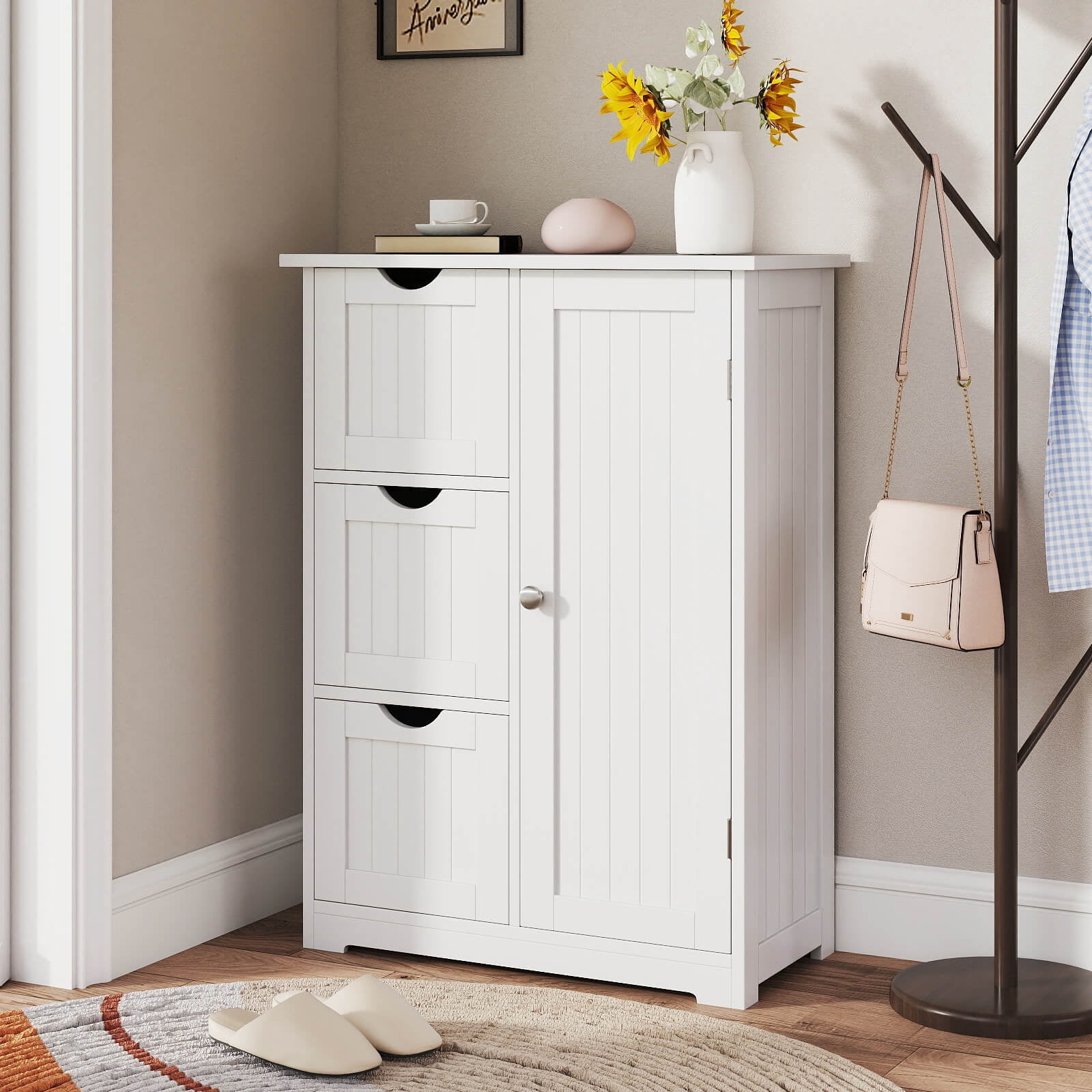 Costway Bathroom Floor Cabinet Side Storage Cabinet with 3 Drawers and 1 Cupboard White