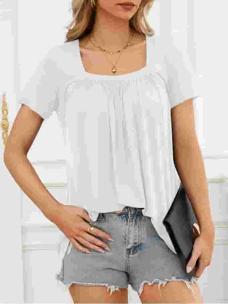 ★GENERAL IDEA★ Scarf Layered Square Neck T-Shirt WHITE WBD Fancyglim Womens Long Shirts Short Sleeve T shirts Square