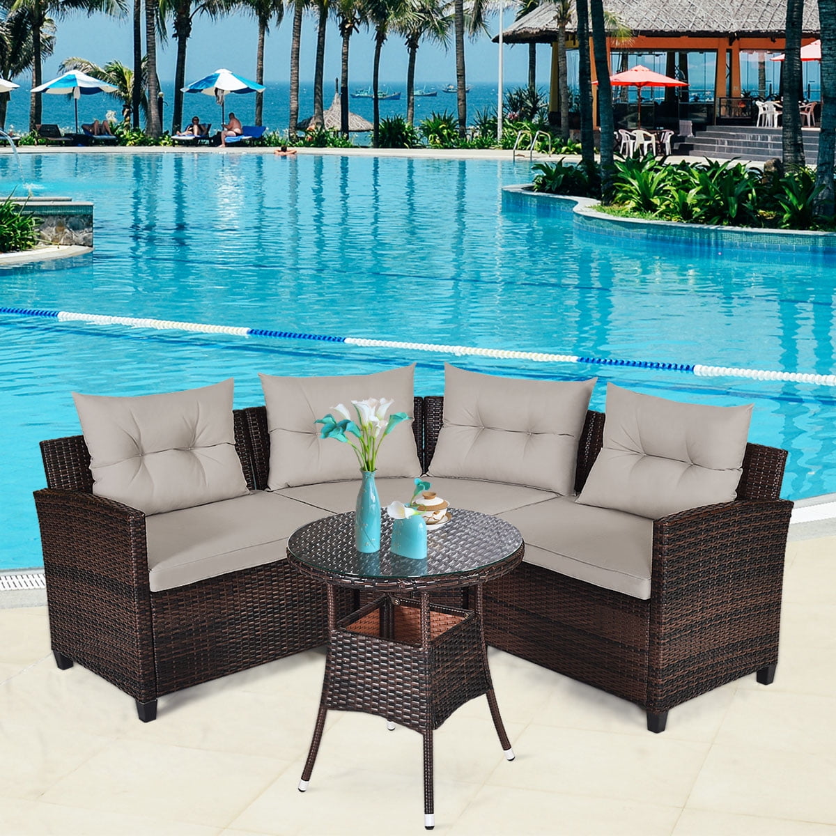 Costway 4PCS Outdoor Patio Rattan Furniture Set Cushioned Sofa Table