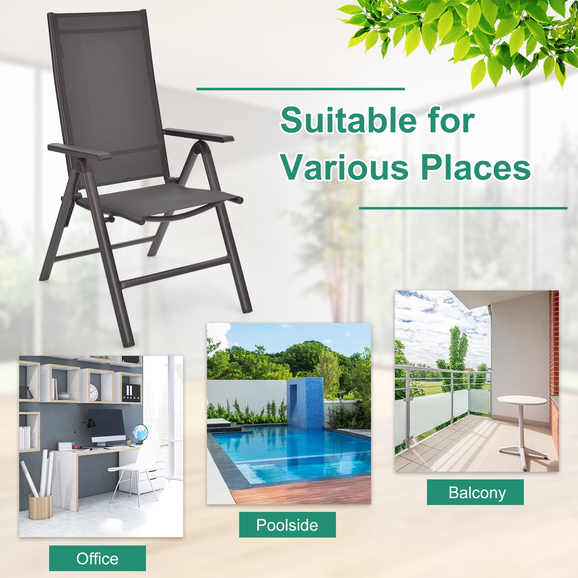 Gymax Outdoor Dining Chair - Aluminum - Set of 2 - Folding - Black