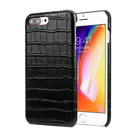 iPhone 8+ Plus/ 7+ Plus Case, Allytech Genuine Leather Simple Crocodile Grain Design Hard Back Protective Case Lightweight Bumper Case Shock Resistant Cover for 5.5-inch iPhone 8+/ 7+, Black