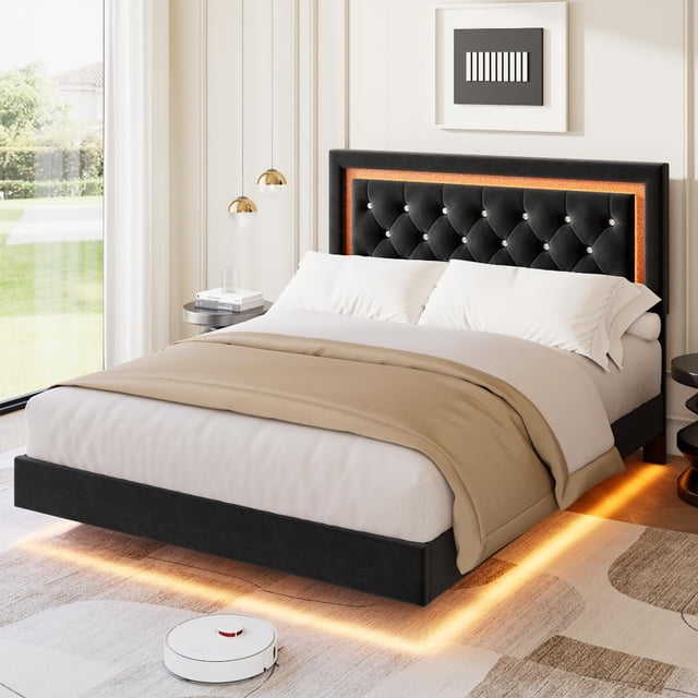 Cama Flotante Queen con Luces LED Inteligentes: Cabecero de Diamante Tapizado, Plataforma Sólida Silenciosa (Sin Somier) - Marco Moderno con Listones de Madera Maciza