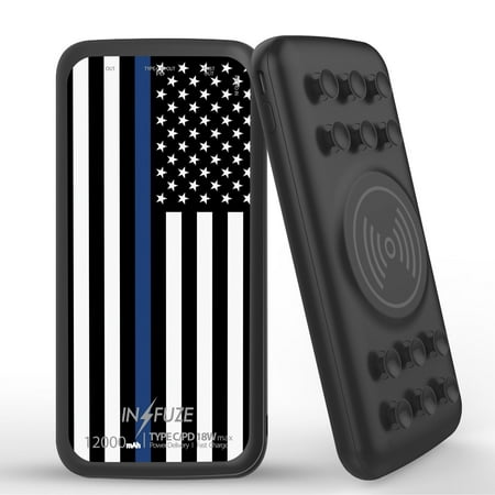 

INFUZE Qi Wireless Portable Charger for Orbic Myra 5G External Battery (12000 mAh 18W Power Delivery USB-C/USB-A Quick Charge 3.0 Ports Suction Cups) with Touchless Tool - Thin Blue Line Flag