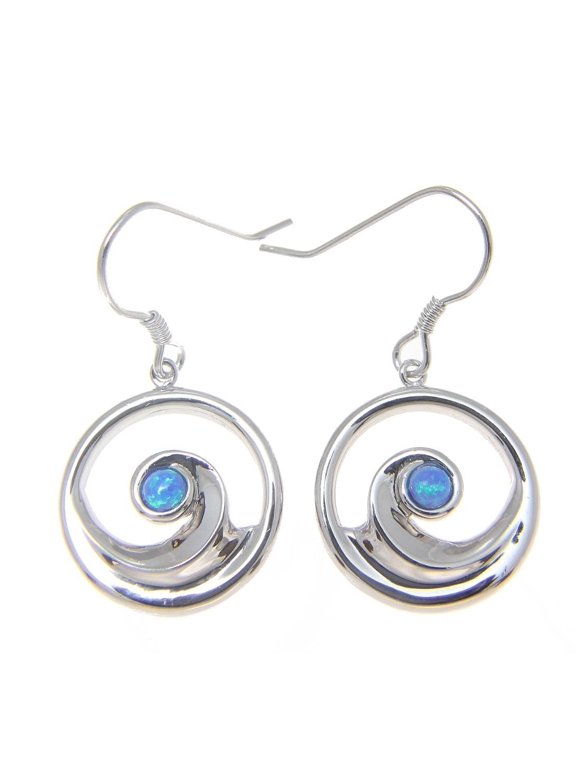 Inlay synthetic opal sterling silver 925 Hawaiian ocean wave round hook earrings 16.50mm