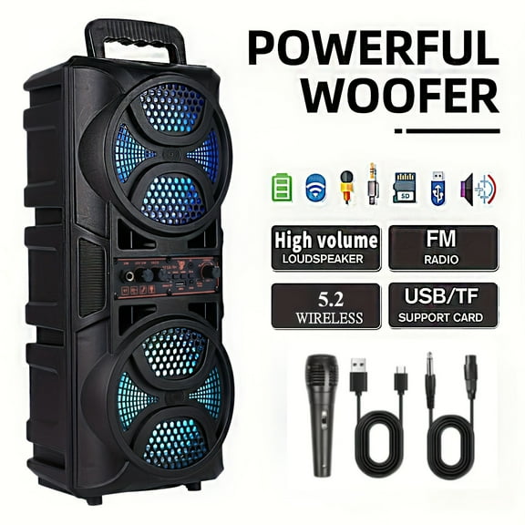 Portable Wireless Speaker With Double 6.5'' Subwoofer Heavy Bass, Wireless 33ft Outdoor Speaker, Big Loud Large Speaker, Support FM Radio, LED Colorful Lights, Stereo Sound, For Home, Party, Travel