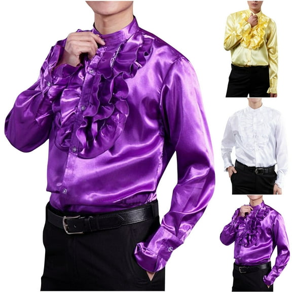 Miluxas Men's Satin Dress Shirt Prom Wedding Long Sleeve Lapel Solid Color Sequin Button Down Shirts Yellow