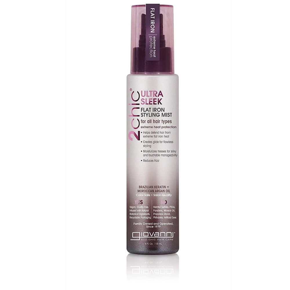 GIOVANNI 2chic Ultra Sleek Flat Iron Styling Mist , 4 oz. Brazilian Phyto-Keratin & Moroccan Argan Oil, Heat Protection &  Anti-Frizz Formula, With Coconut, No Parabens, Color Safe (Pack of 1)