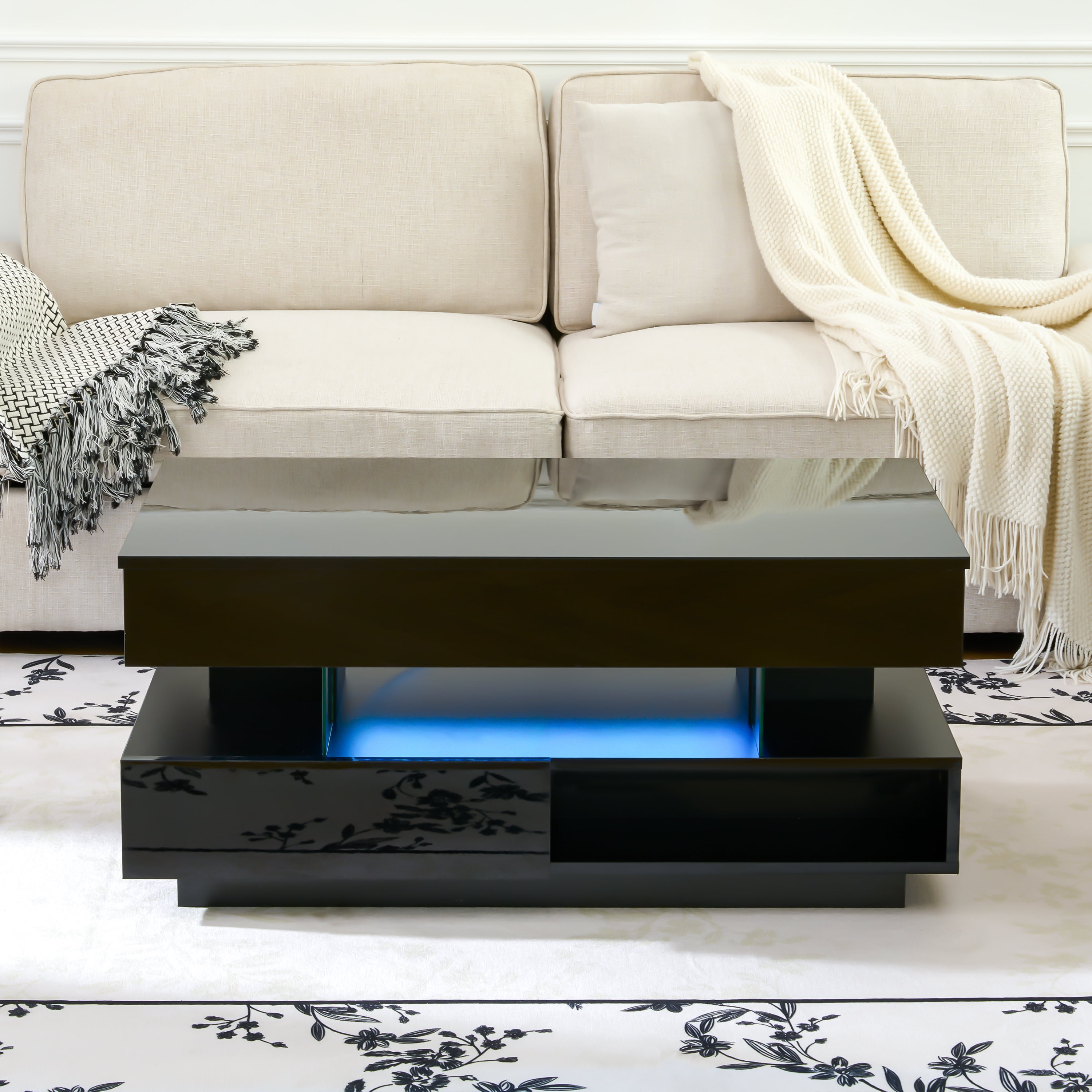 BaPiPro 39.3" Lift Top Coffee Table with LED Lighting, Hidden Compartment, 2 Storage Drawers, Adjustable Height, Black