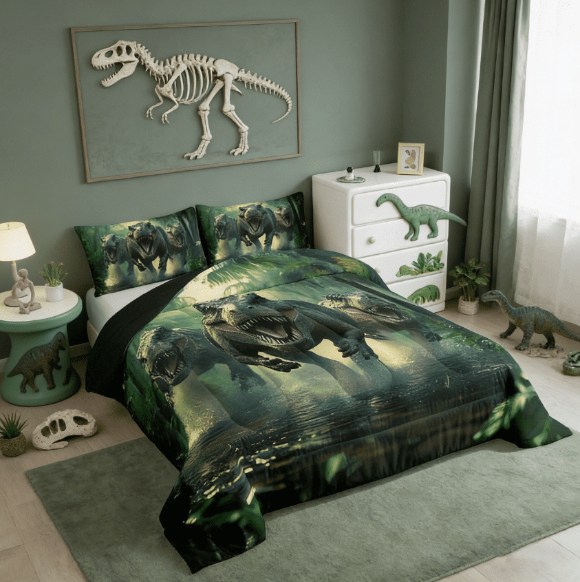 Manfei Cartoon Ancient Dinosaur Full Size Comforter Sets,3D Dino Print Jungle Dino Bedding Sets Wild Animal Bedroom Decor Reversible 3pcs