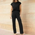thumbnail image 3 of Women's Plus Size Two Piece Casual Sets Round Neck Cap Sleeve Tops with High Waist Straight Leg Pants Solid Trendy Sets Black,L, 3 of 5