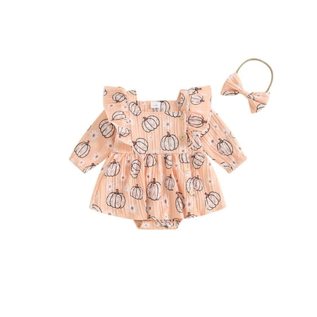 

CocMouse Baby Girl Halloween Outfit Pumpkin Print Romper Dress Bow Headband