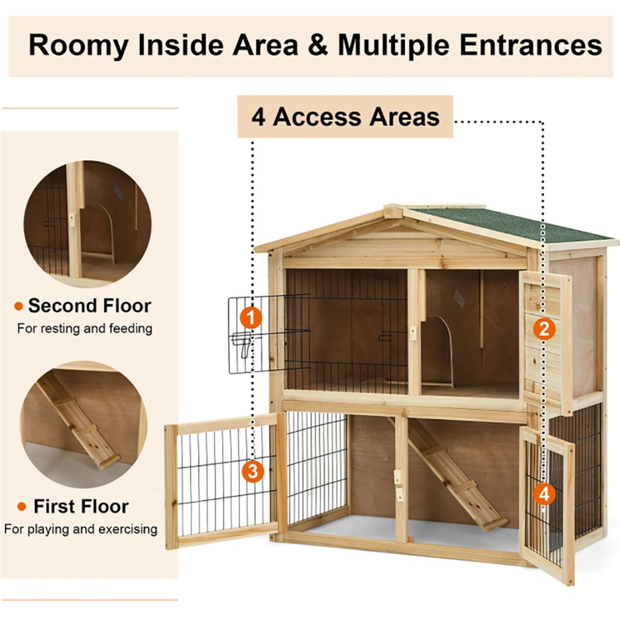 Kadyn 40" 2 Story Rabbit Hutch with Trays, Outdoor Weatherproof Bunny Cage with Ramp, Pet House Chicken Coops, Beige