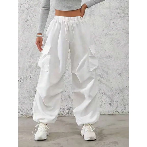 Women's Drawstring Elastic Waist Cargo Pants, Loose Fit Wide Leg Cuffed Trousers with Pockets for Everyday, Casual & Streetwear