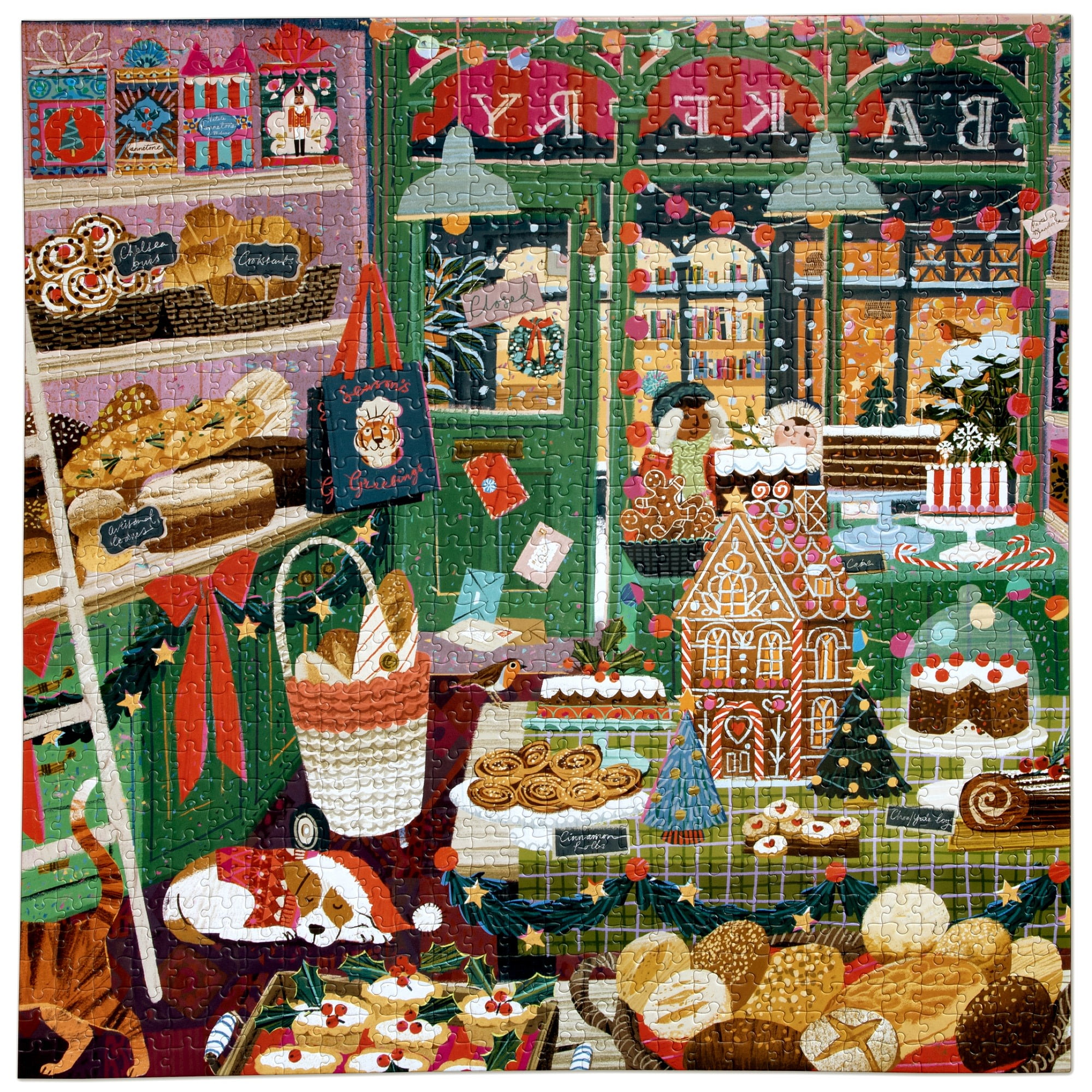 eeBoo Piece & Love: Holiday Bakery - 1000 Piece Puzzle - 23" Square Adult Jigsaw, Victoria Ball’s Cozy English Cottage Bakery Scene, Eco-Friendly
