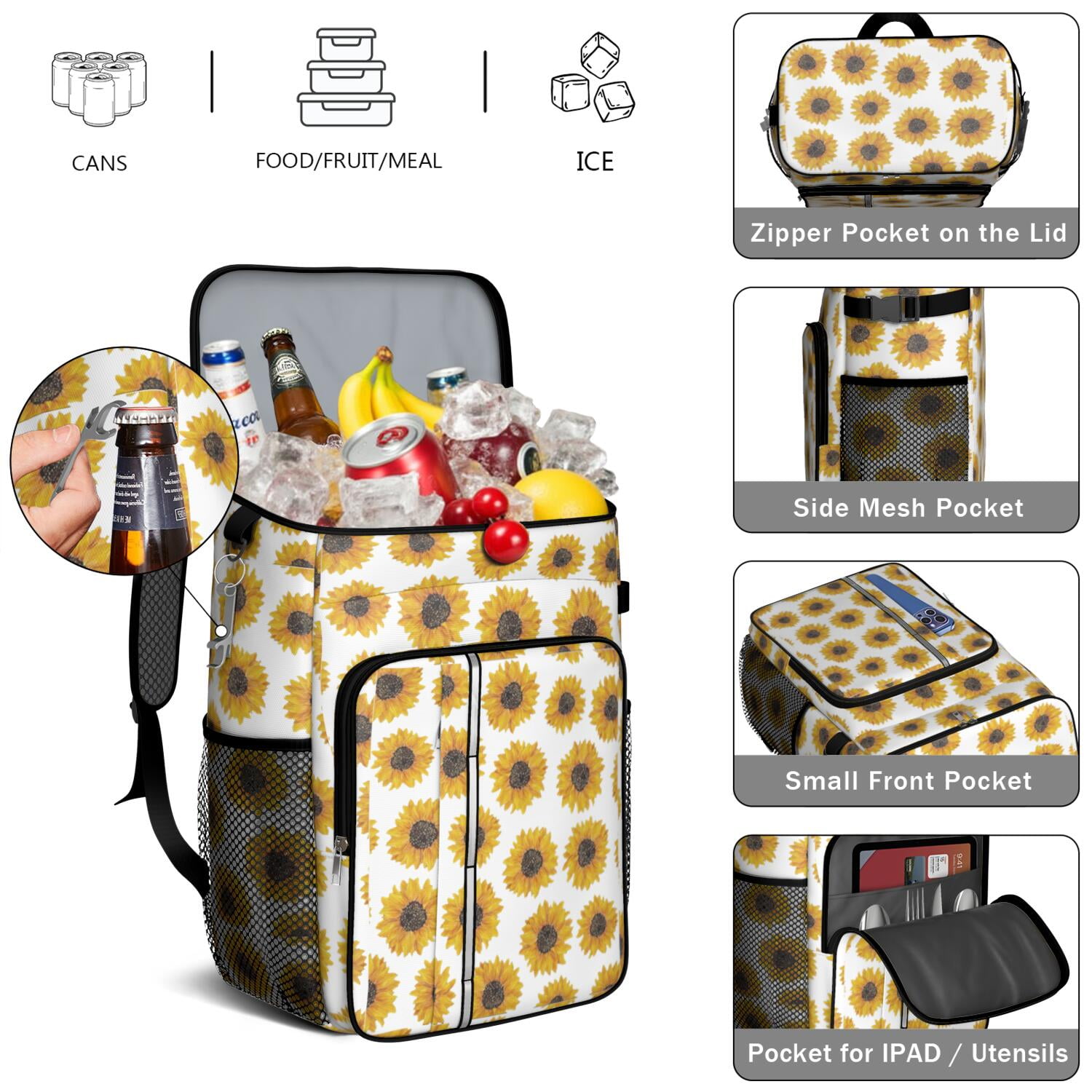 Travel Cooler Bag - White Sunflower Camping Beer Cooler Backpack with Bottle Opener- Waterproof Insulated Picnic Backpacks - Cooler Bag for Beach