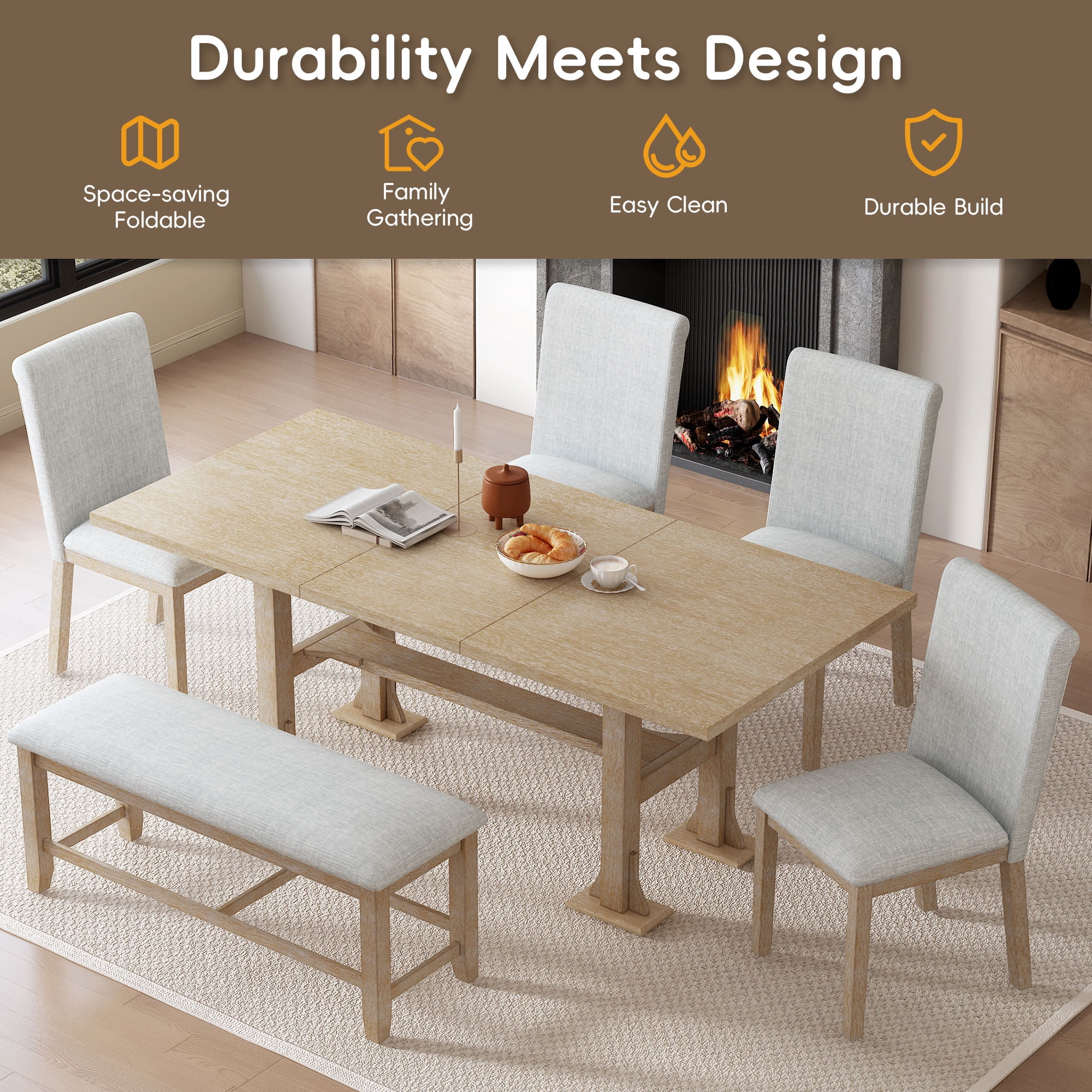 6-Piece Dining Table Set for 6, 58"-76" Extendable Dining Table with Removable Leaf, 4 Chair and Bench