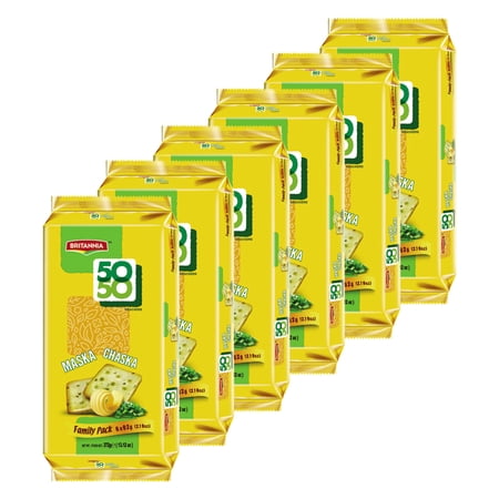 Britannia Crackers 50 50 Maska Chaska Biscuit 13.12oz (372g) - Dipped in Butter and Peppered - Delicious, Light & Crispy Cookies - Suitable for Vegetarian (Pack of 6)