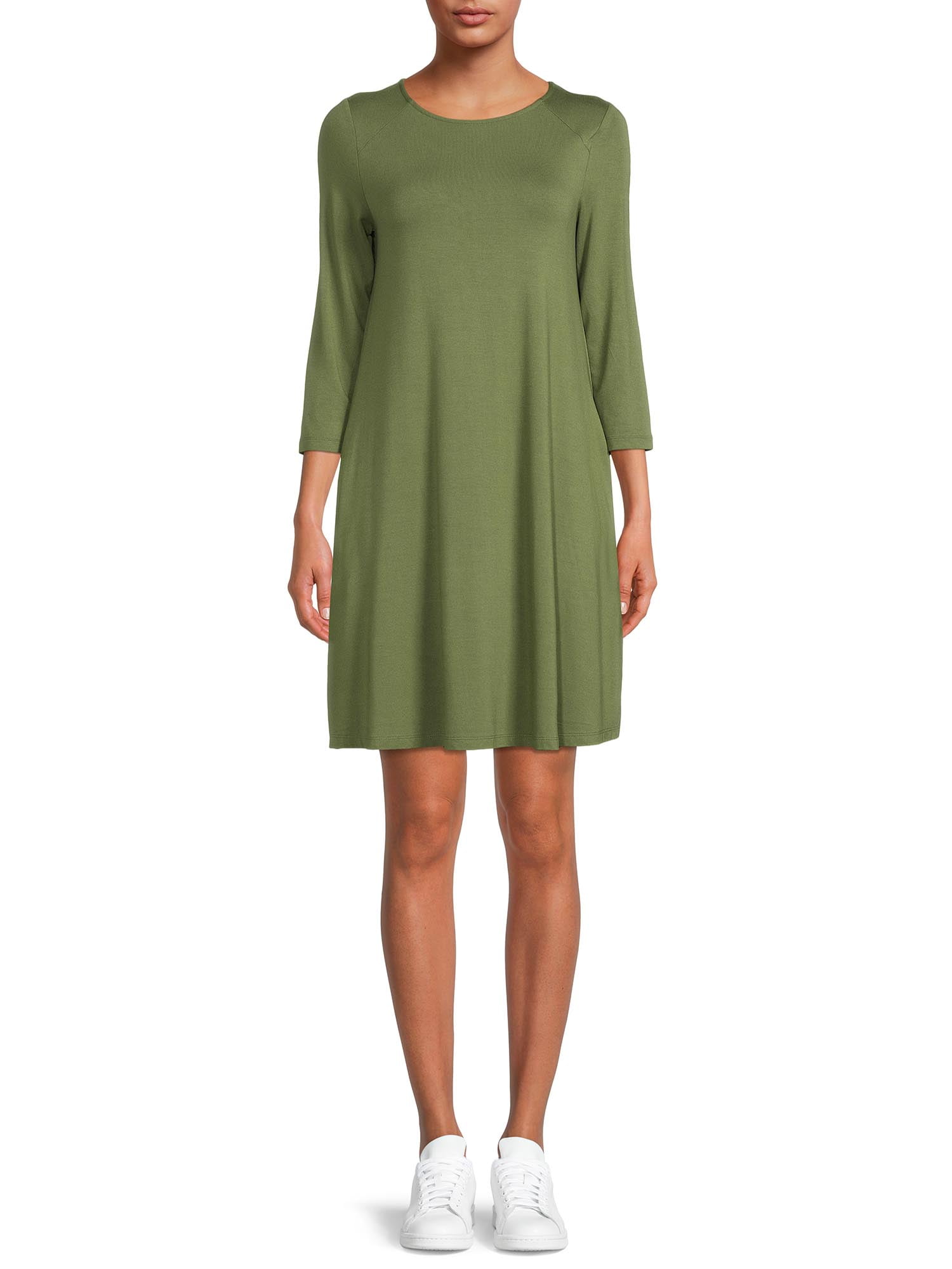 Time and Tru Women's Knit Dress with 3/4-Length Sleeves, Size: Medium, Green