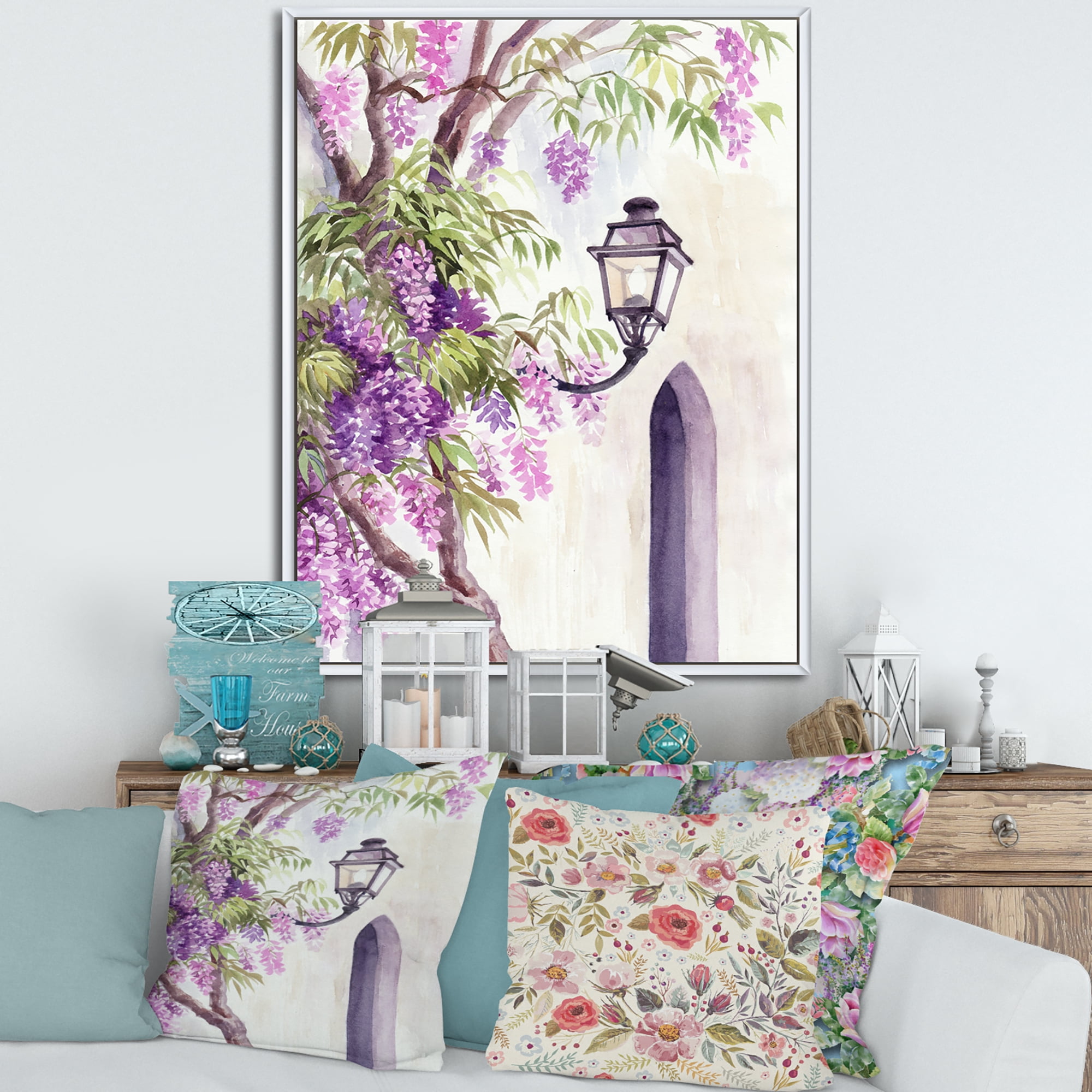 Designart 'Lantern and Wisteria' Traditional Framed Canvas Wall Art Print
