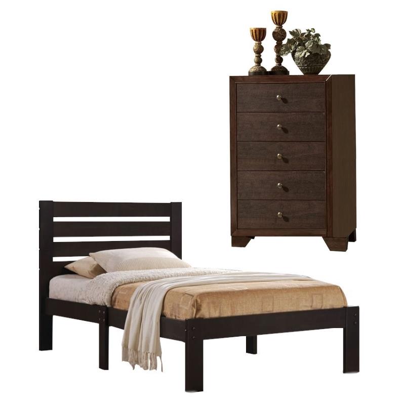Home Square 2Piece Furniture Set with Twin Bed and 5Drawer Chest in Espresso