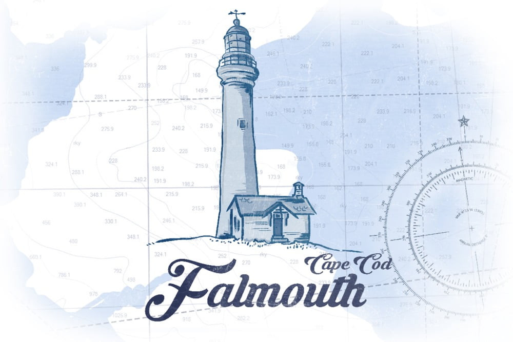 Falmouth, Cape Cod, Massachusetts, Lighthouse, Blue, Coastal Icon (36x54 Giclee Gallery Art