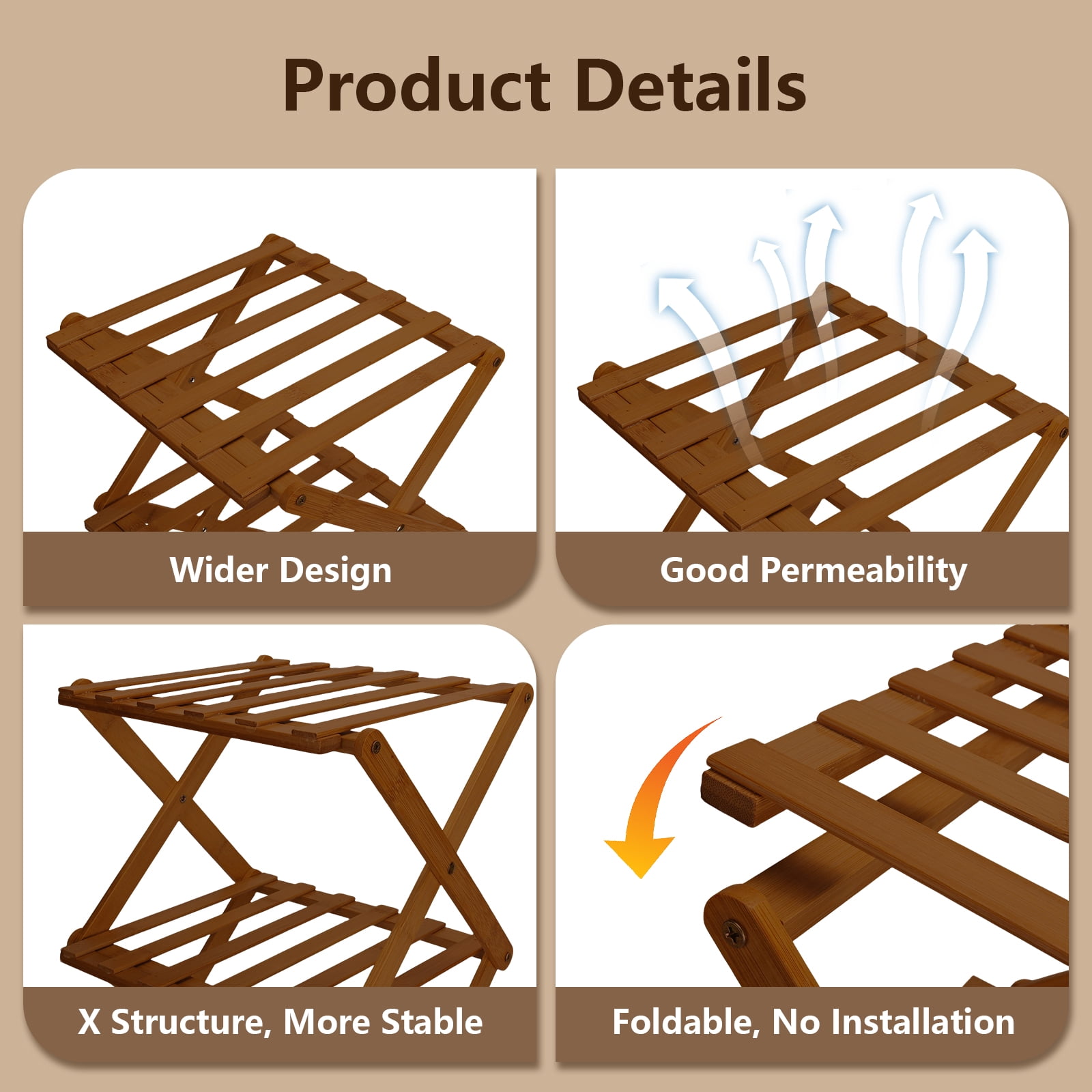 YUCHANG Foldable Shoes Rack,Bamboo Shoes Organizer for Entryway ,Free Standing Rack,4-Layers ,Black