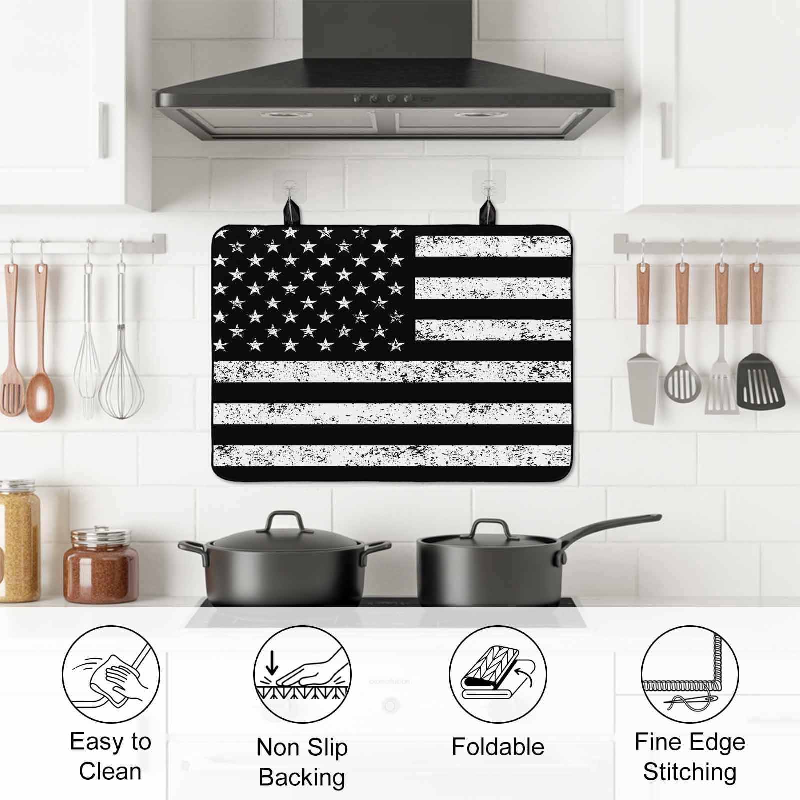 Black American Flag Stove Top Cover for Electric Stove, Heat-proof & Non Slip Glass Top Stove Cover Protector, Vintage USA Flag Kitchen Flat Cooktop Rubber Mat 24x21 Inches