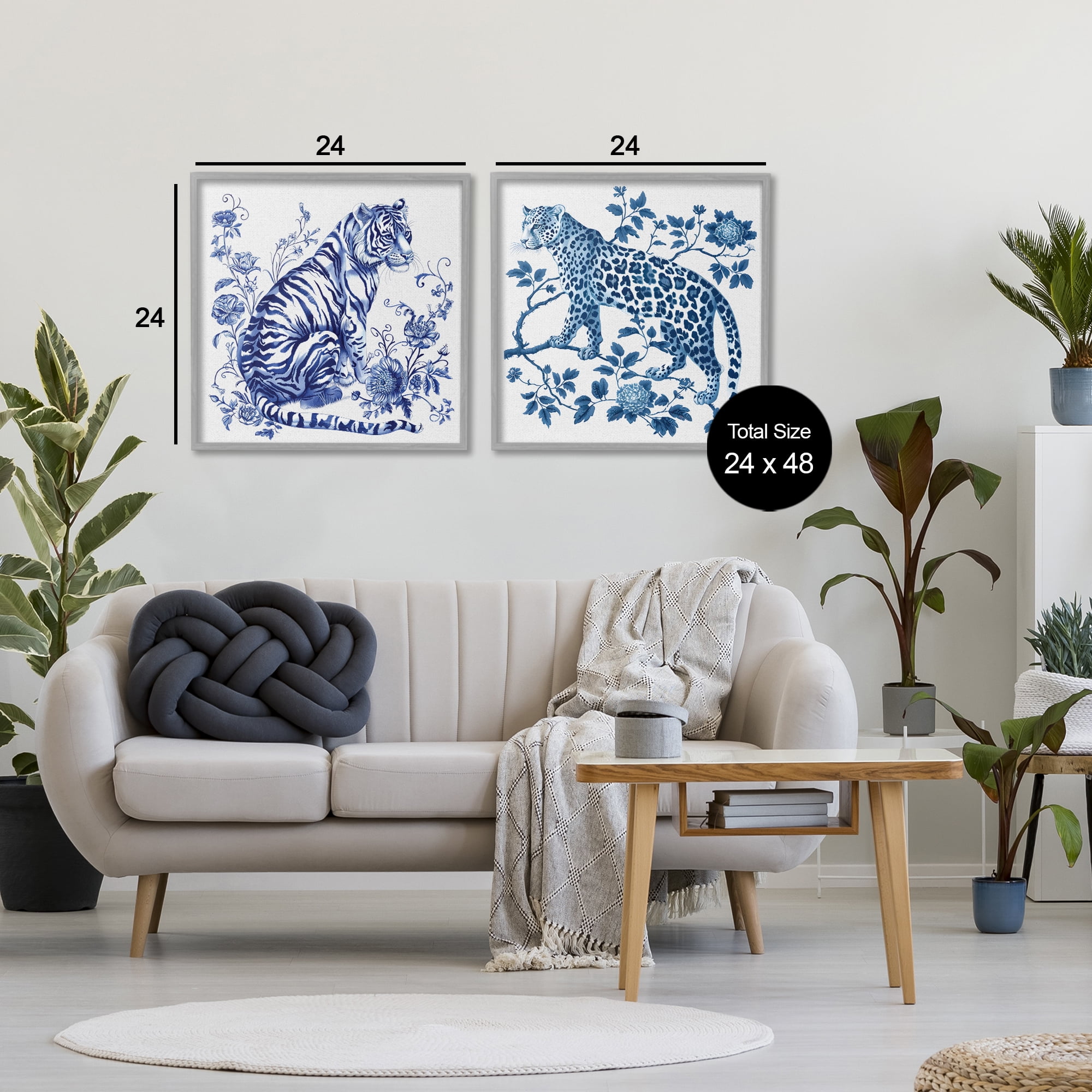 Ornate & Detailed Large Cats 2 Piece Gray Framed Giclee Art Set, design by Lettered and Lined