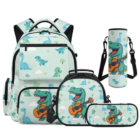 KUIFORTI Green Dinosaur 4Pcs Kids Backpack Set with Lunch Box Pencil Case, Durable Bookbag with Water Bottle Sleeve for Elementary Primary Middle School Students
