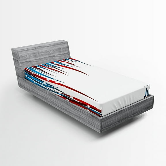 Ambesonne 4th of July Fitted Sheet, Swirled Banners, Twin Size, Red White and Navy Blue