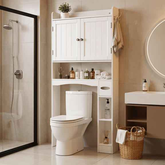 Noelse Over The Toilet Storage Cabinet with Adjustable Shelves, Bathroom Organizer with Barn Door & Side Cabinet, Waterproof MDF Over Toilet Bathroom Rack, Space Saver Cabinet for Small Bathroom