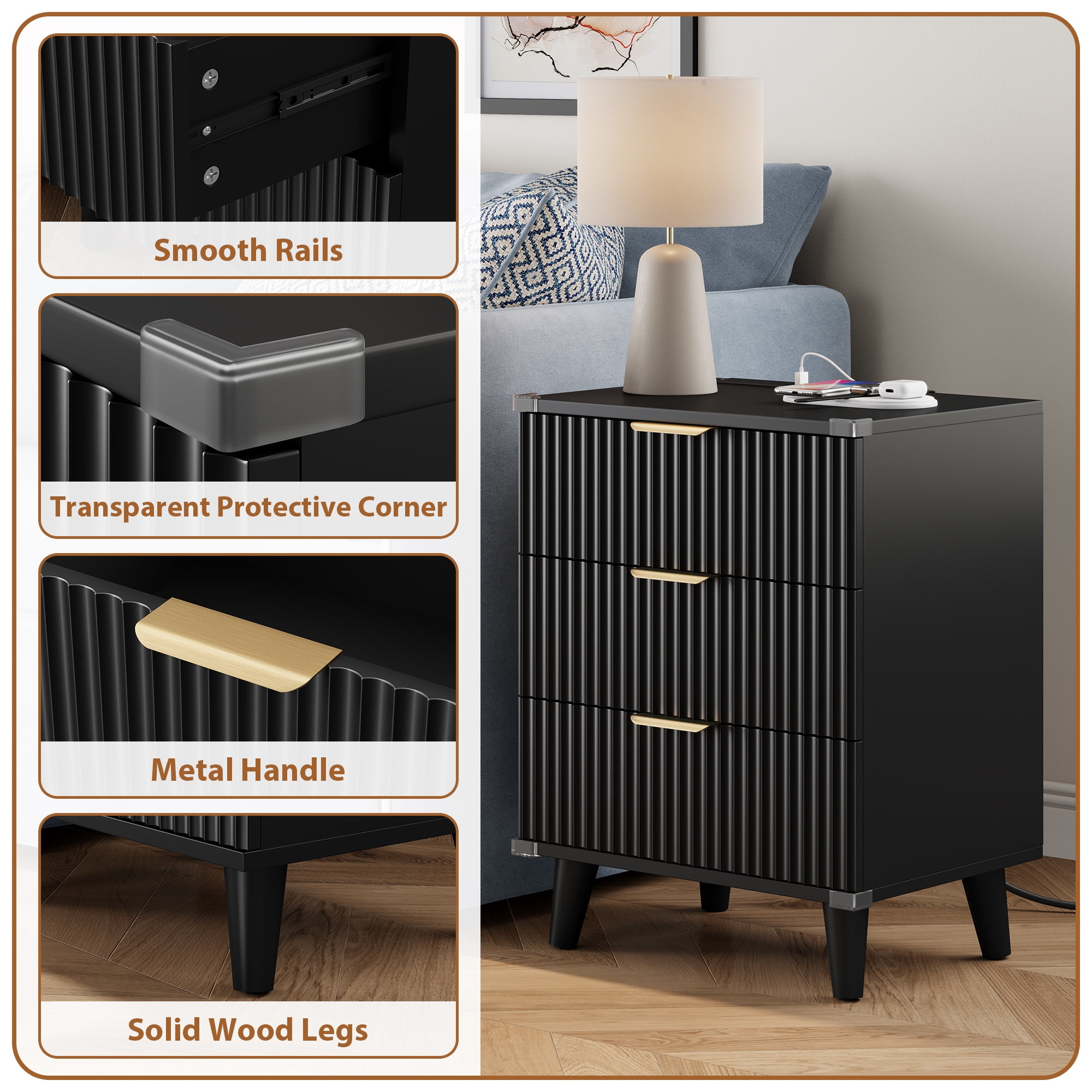 Laintene 3-Drawer Dresser Set of 2, Nightstand with Charging Station - Modern Fluted with Solid Wood Legs, 2 AC Outlets & 2 USB Ports, Small End Table with Storage, Black