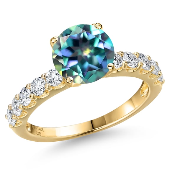 Gem Stone King 14K Yellow Gold Millennium Blue Mystic Topaz and Lab Grown Diamond Engagement Ring for Women | 2.65 Cttw | Round 8MM | Gemstone November Birthstone | Size 5
