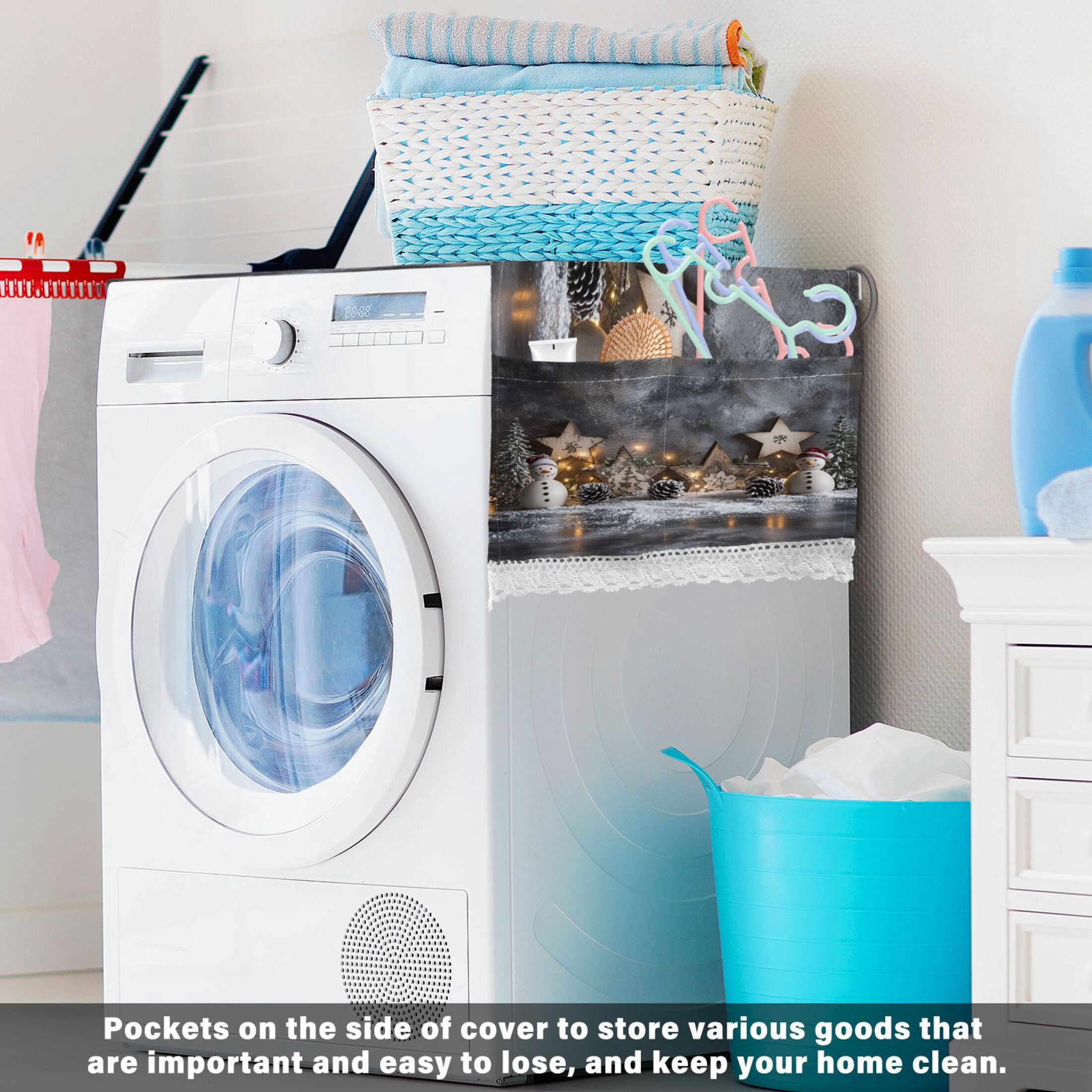Christmas Backdrop PatternWasher and Dryer Covers Dust-Proof and Oil Resistant Fridge Cover with 4 Storage Pockets Washing Machine Top Cover for Laundry Kitchen Home 51.2 x 22 In