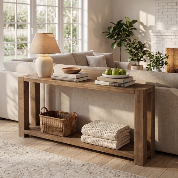 Tribesigns 2-Tier Solid Fir Wood Console Table, 63'' Entryway Table, Sofa Table for Living Room, Hallway, Rustic Brown