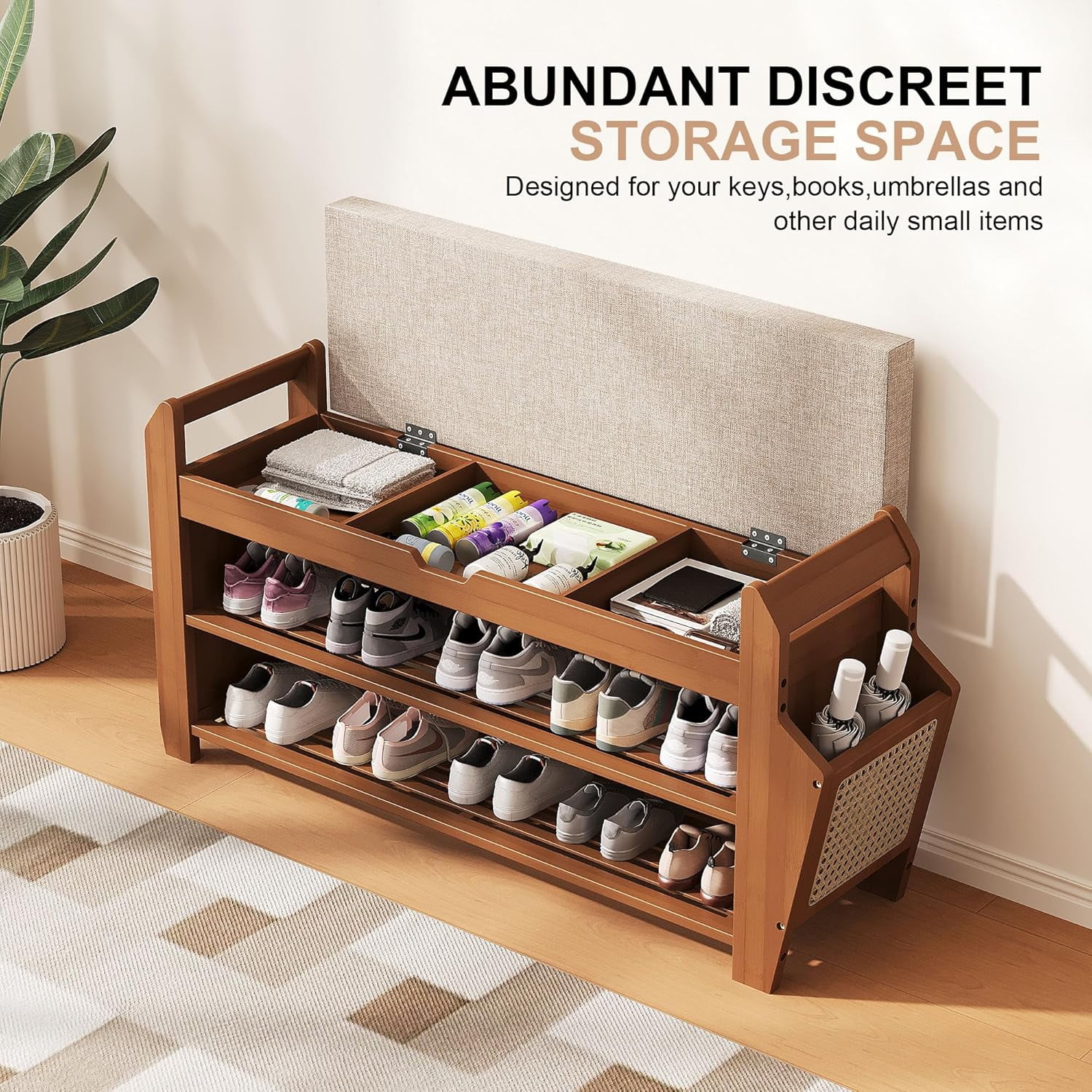 AOPEC 31.5" Bamboo Shoe Rack Bench with Storage, 3-Tier Entryway Bench with Thick Cushion, Flip-Top & Side Baskets, Holds Up to 550 LBS for Hallway, Living Room, Bedroom