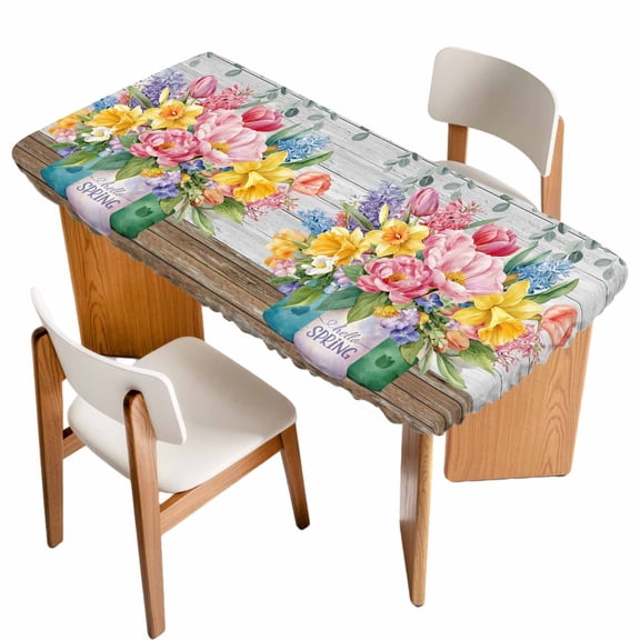 Watercolor Floral Table Cloths for 3 Foot Rectangle Tables, Spring Botanical Flowers Leaves Wood Grain Patio Waterproof Elastic Fitted Tablecloths, Washable Rectangular Table Cover for Camping