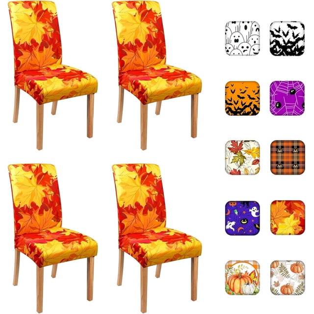 Fall Chair Covers for Dining Room Set of 4, Fall Maple Leaves Stretch Dining Chair Cover 4 Pieces, Washable Kitchen Chair Slipcovers 4 Pack, Removable Seat Protector for Thanksgiving Decor