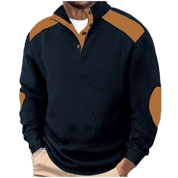 Kalauyu Mens Warm Sweatshirt Casual Textured Stand Collar Quarter Fall Metal Button Pullover Sweaters Long Sleeve with Pockets