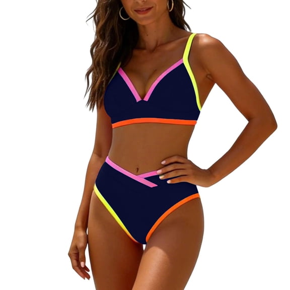 Guluxicc 2 Piece Bikini Sets for Women Color Block V Neck High Waisted Padded Push-Up Summer Beach Swimsuits Bathing Suit
