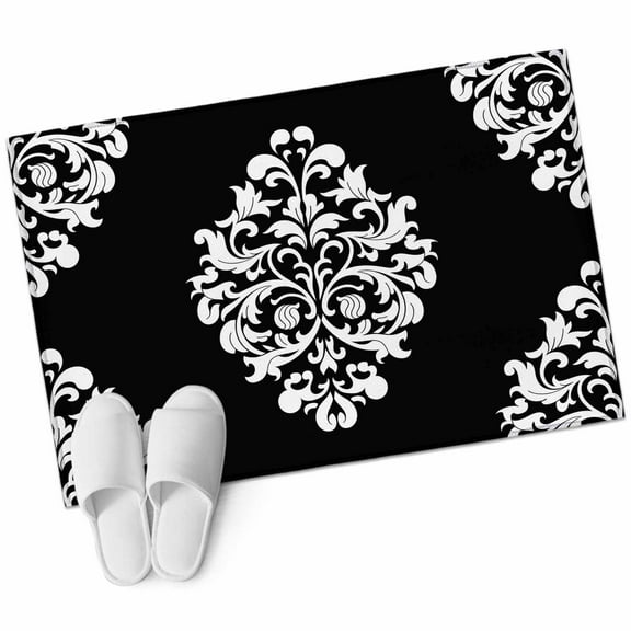 Baroque Black Bathroom Mat 2x3 FT, Non Slip Small Kitchen Mat, Vintage Damask Classic Floral Washable Soft Backed Front Door Throw Rug Non-Shedding Indoor Outdoor Doormat for Entryway Sink